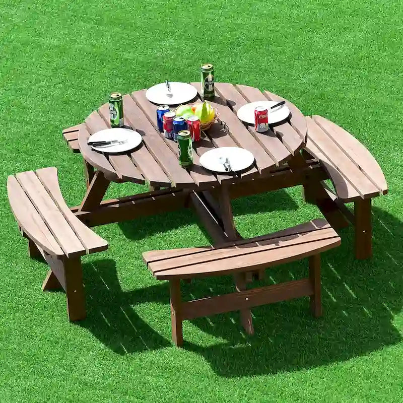Ensemble table de pique-nique en bois pour terrasse, table ronde d'extérieur avec trou pour parasol, avec trou pour parasol.