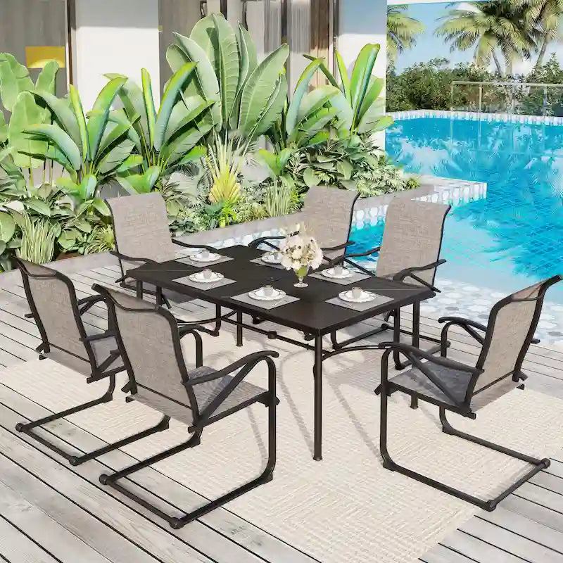 Ensemble de salle à manger d'extérieur 7 pièces, comprenant 6 chaises en tissu textilène et 1 table en métal avec trou pour parasol de 5,3 cm.