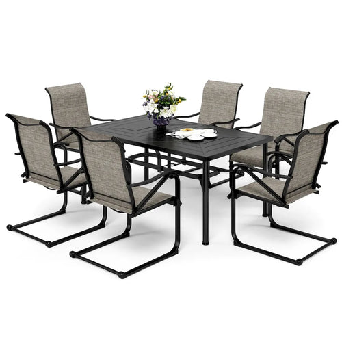 Ensemble de salle à manger d'extérieur 7 pièces, comprenant 6 chaises en tissu textilène et 1 table en métal avec trou pour parasol de 5,3 cm.