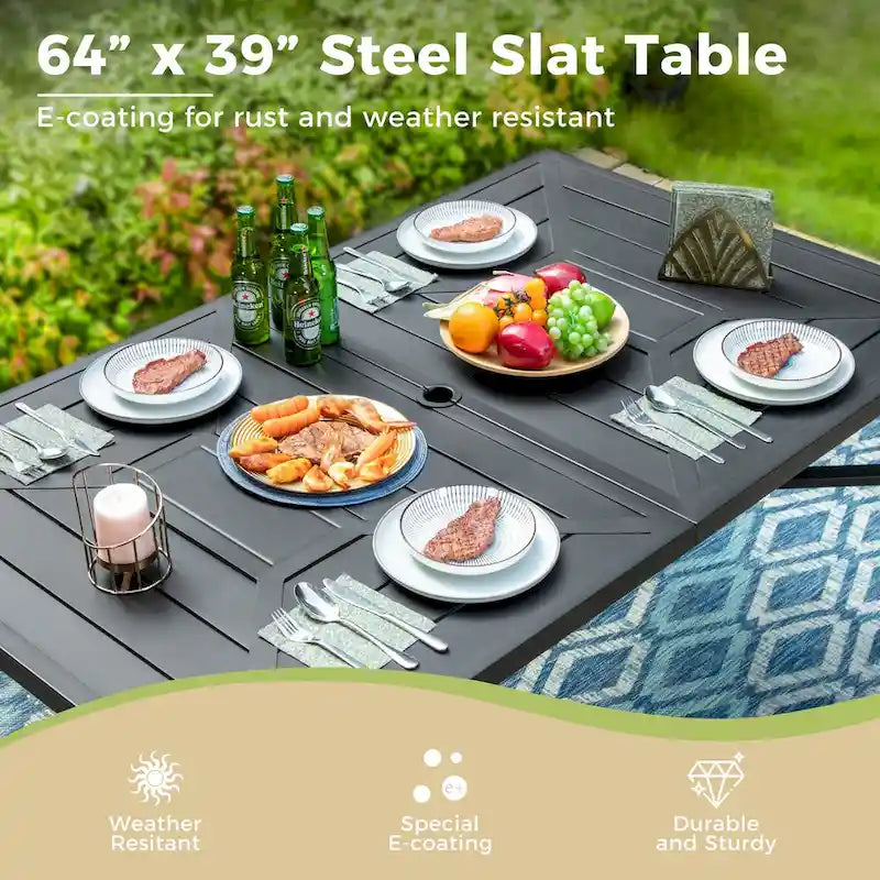 Ensemble de salle à manger d'extérieur 7 pièces, comprenant 6 chaises en tissu textilène et 1 table en métal avec trou pour parasol de 5,3 cm.