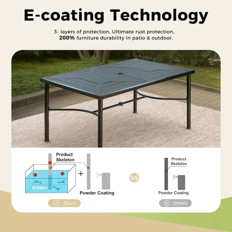 Ensemble de salle à manger d'extérieur 7 pièces, comprenant 6 chaises en tissu textilène et 1 table en métal avec trou pour parasol de 5,3 cm.