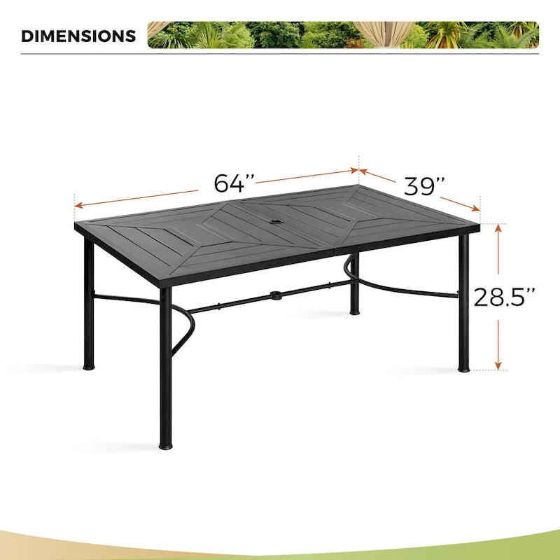 Ensemble de salle à manger d'extérieur 7 pièces, comprenant 6 chaises en tissu textilène et 1 table en métal avec trou pour parasol de 5,3 cm.