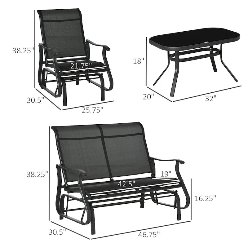 Ensemble de mobilier d'extérieur Outsunny 4 pièces comprenant un banc de jardin à bascule 2 places, une chaise longue et une table basse.