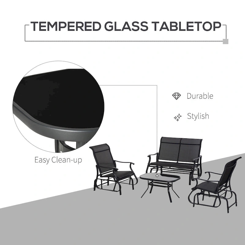 Ensemble de mobilier d'extérieur Outsunny 4 pièces comprenant un banc de jardin à bascule 2 places, une chaise longue et une table basse.
