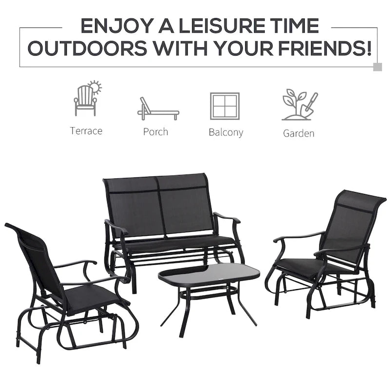 Ensemble de mobilier d'extérieur Outsunny 4 pièces comprenant un banc de jardin à bascule 2 places, une chaise longue et une table basse.