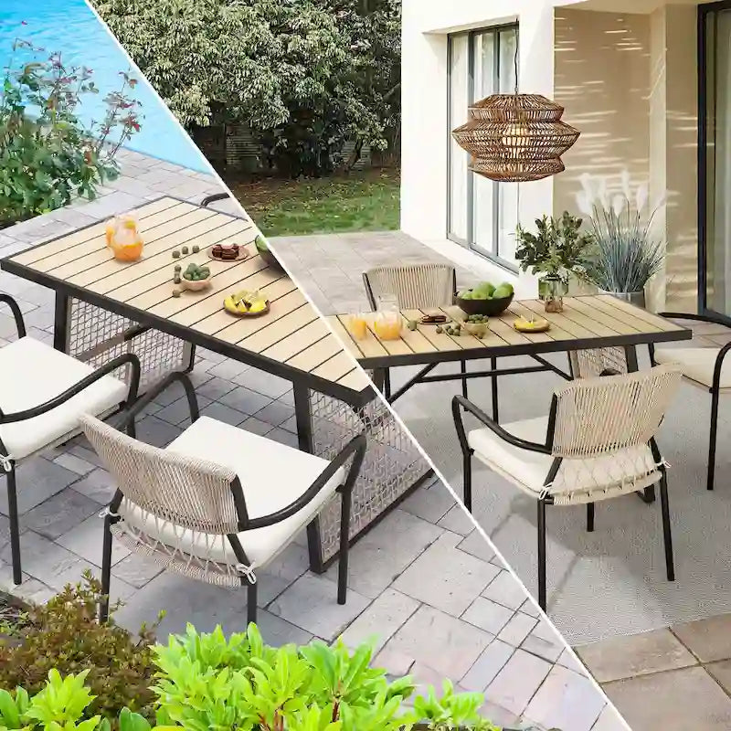 Table de salle à manger rectangulaire d'extérieur Moasis avec plateau en faux bois pour 4 à 6 personnes