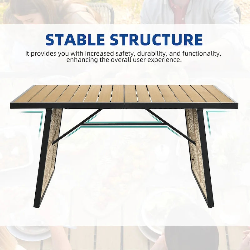 Table de salle à manger rectangulaire d'extérieur Moasis avec plateau en faux bois pour 4 à 6 personnes