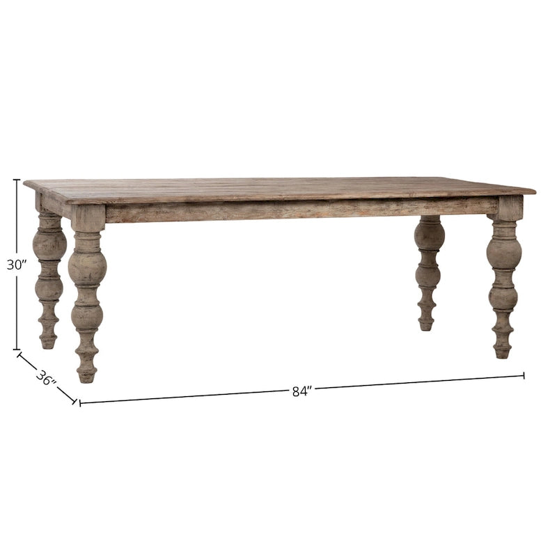 Table de salle à manger rectangulaire Maeve de 213 cm (84 pouces) en pin recyclé, avec pieds sculptés à quatre montants et finition antique.