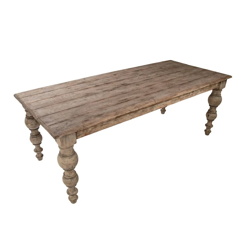 Table de salle à manger rectangulaire Maeve de 213 cm (84 pouces) en pin recyclé, avec pieds sculptés à quatre montants et finition antique.