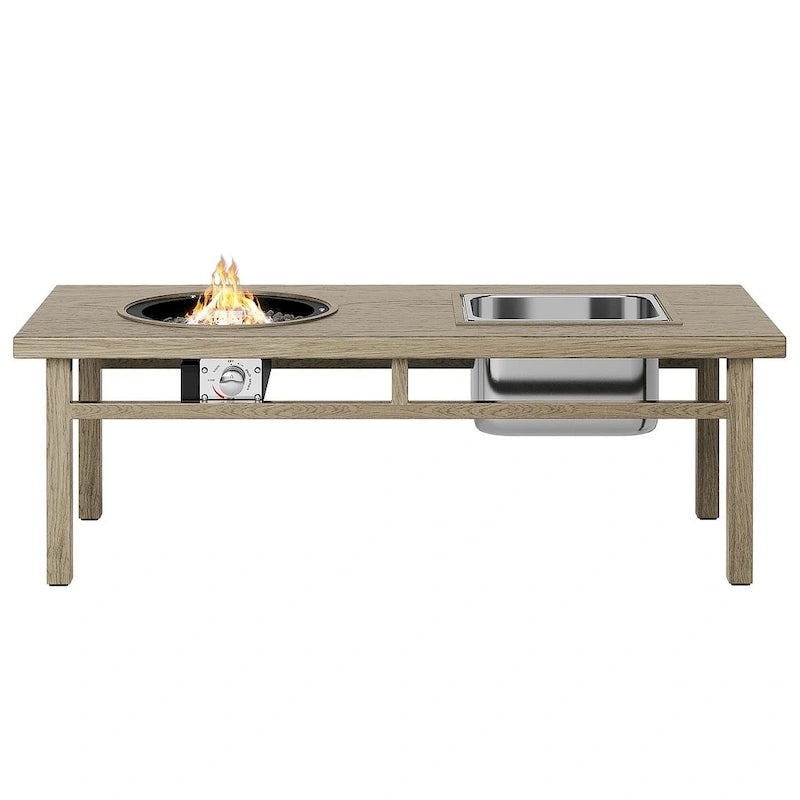 Table à manger avec foyer extérieur, seau à glace et brasero intégré.