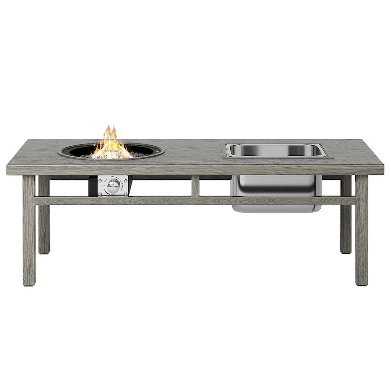 Table à manger avec foyer extérieur, seau à glace et brasero intégré.