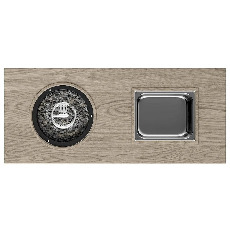 Table à manger avec foyer extérieur, seau à glace et brasero intégré.