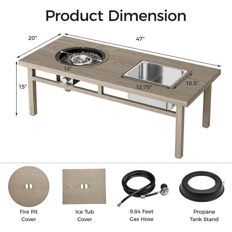Table à manger avec foyer extérieur, seau à glace et brasero intégré.