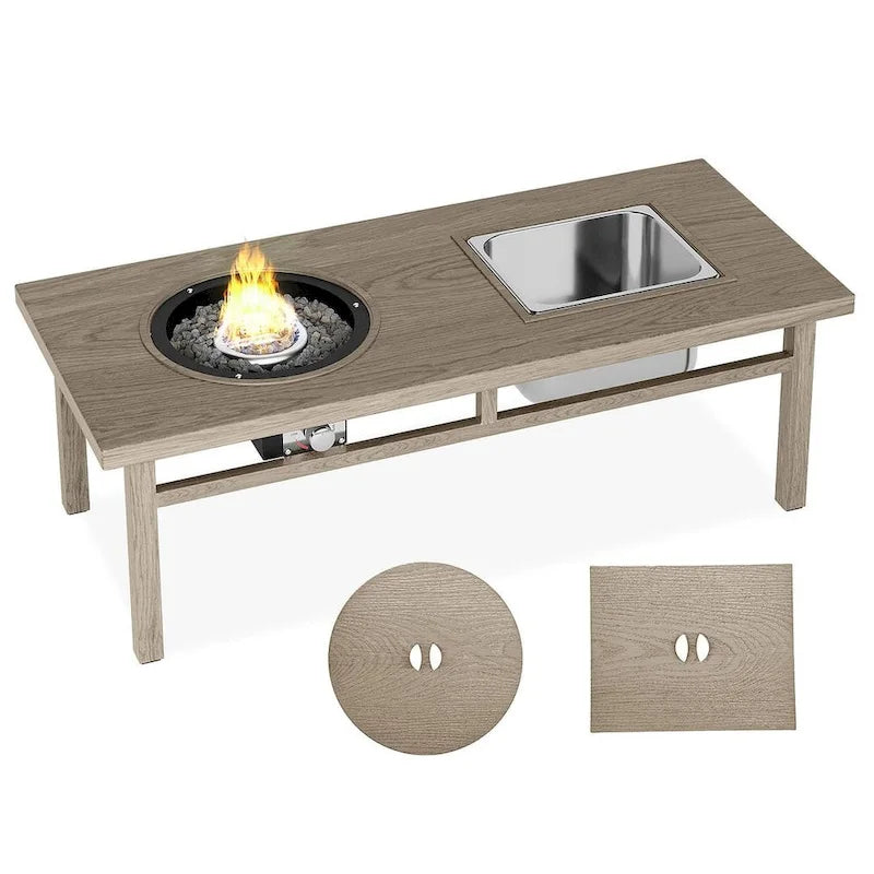Table à manger avec foyer extérieur, seau à glace et brasero intégré.