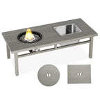 Table à manger avec foyer extérieur, seau à glace et brasero intégré.