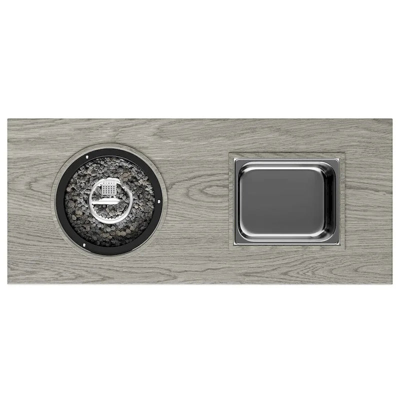 Table à manger avec foyer extérieur, seau à glace et brasero intégré.