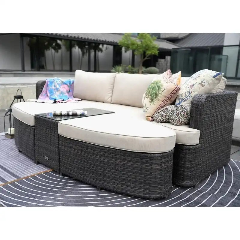 Ensemble de 9 pièces pour patio en résine tressée avec table foyer en béton