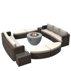 Ensemble de 9 pièces pour patio en résine tressée avec table foyer en béton