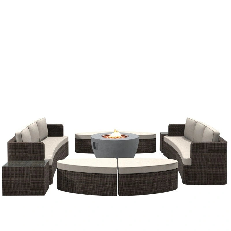 Ensemble de 9 pièces pour patio en résine tressée avec table foyer en béton