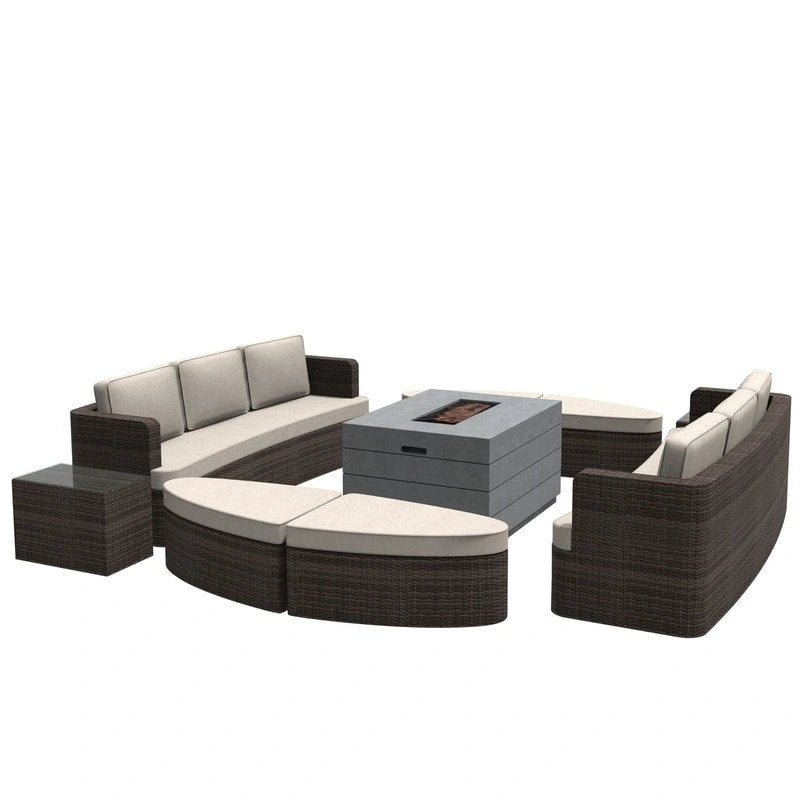 Ensemble de 9 pièces pour patio en résine tressée avec table foyer en béton