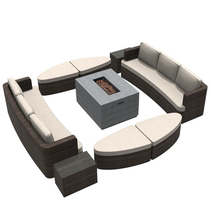 Ensemble de 9 pièces pour patio en résine tressée avec table foyer en béton