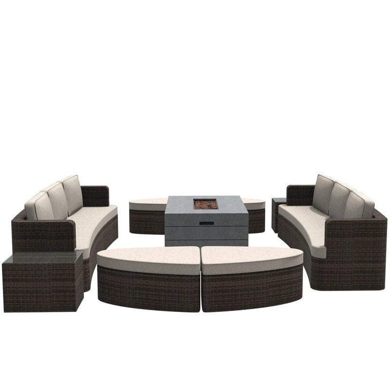 Ensemble de 9 pièces pour patio en résine tressée avec table foyer en béton