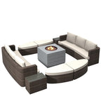 Ensemble de 9 pièces pour patio en résine tressée avec table foyer en béton