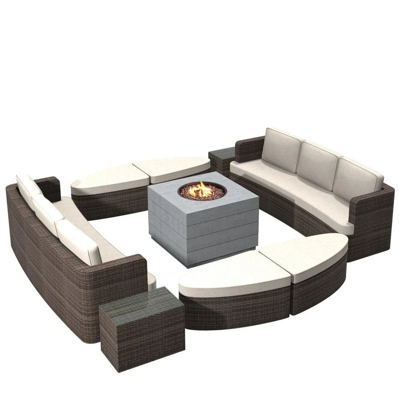 Ensemble de 9 pièces pour patio en résine tressée avec table foyer en béton
