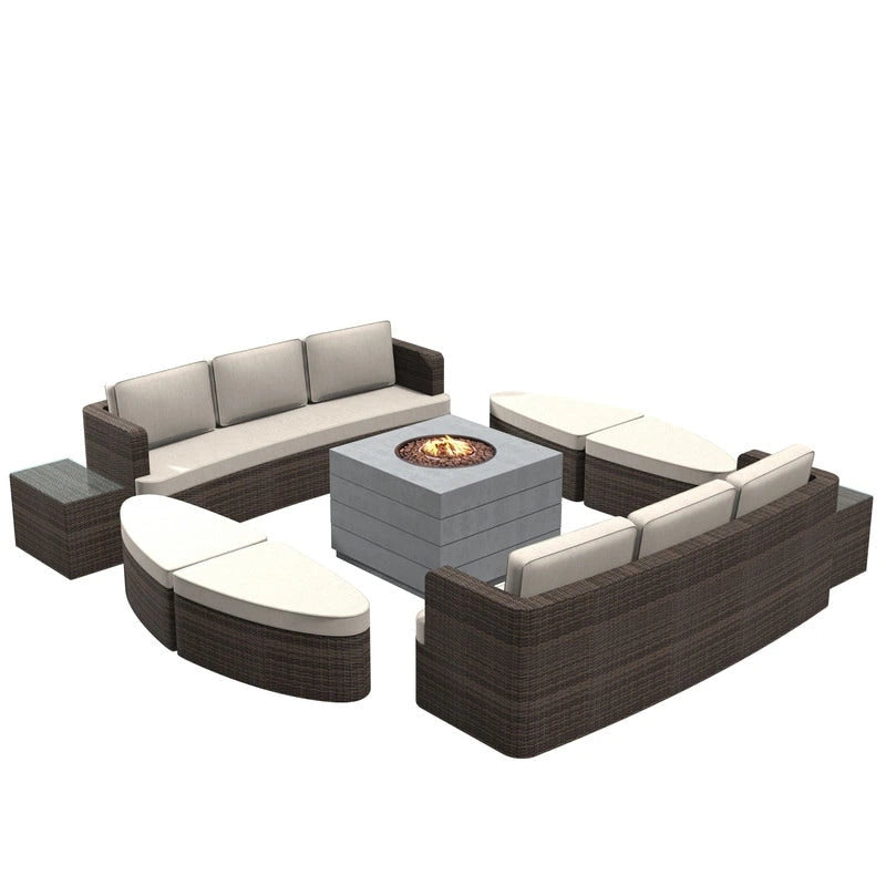 Ensemble de 9 pièces pour patio en résine tressée avec table foyer en béton