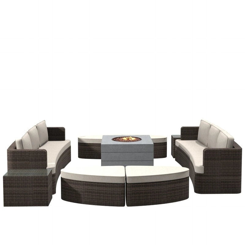 Ensemble de 9 pièces pour patio en résine tressée avec table foyer en béton