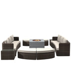 Ensemble de 9 pièces pour patio en résine tressée avec table foyer en béton