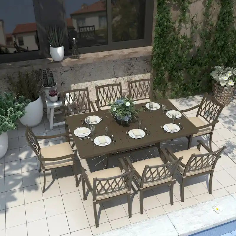 Ensemble de salle à manger de patio en aluminium moulé 9 pièces avec coussins