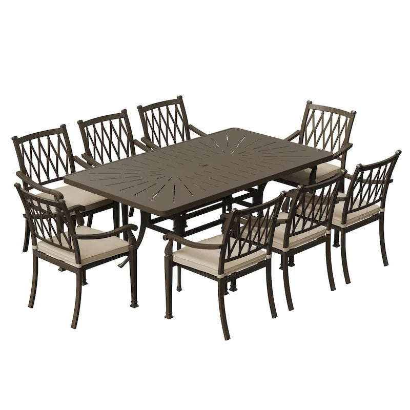 Ensemble de salle à manger de patio en aluminium moulé 9 pièces avec coussins