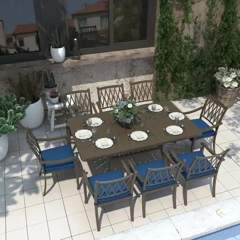 Ensemble de salle à manger de patio en aluminium moulé 9 pièces avec coussins