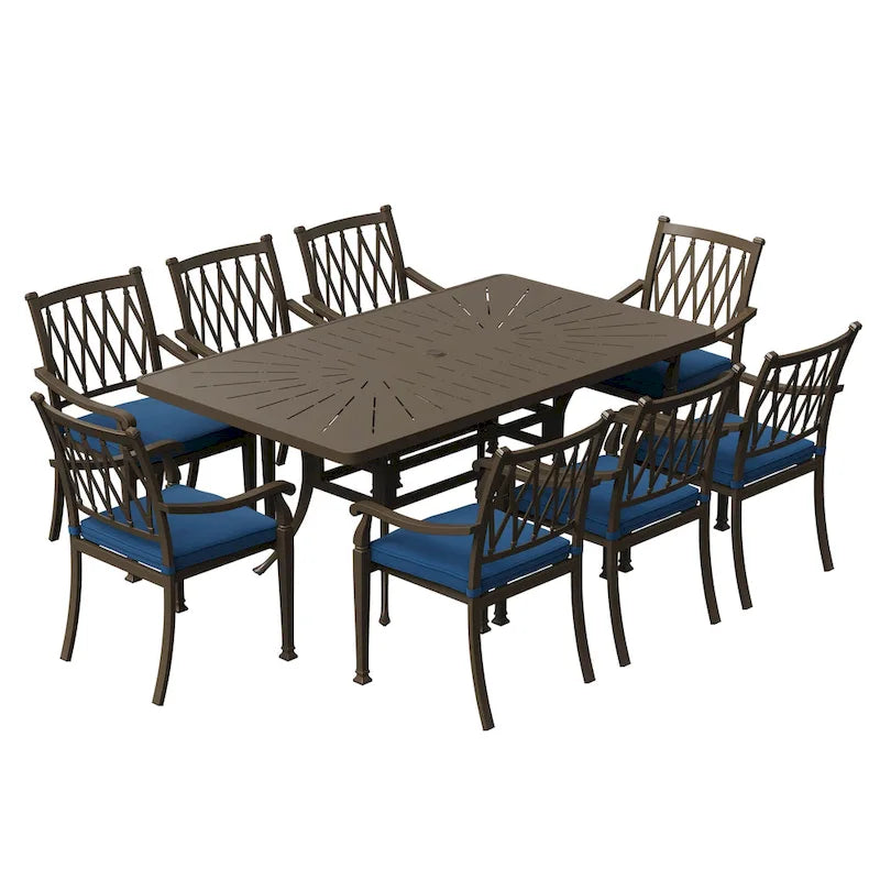 Ensemble de salle à manger de patio en aluminium moulé 9 pièces avec coussins