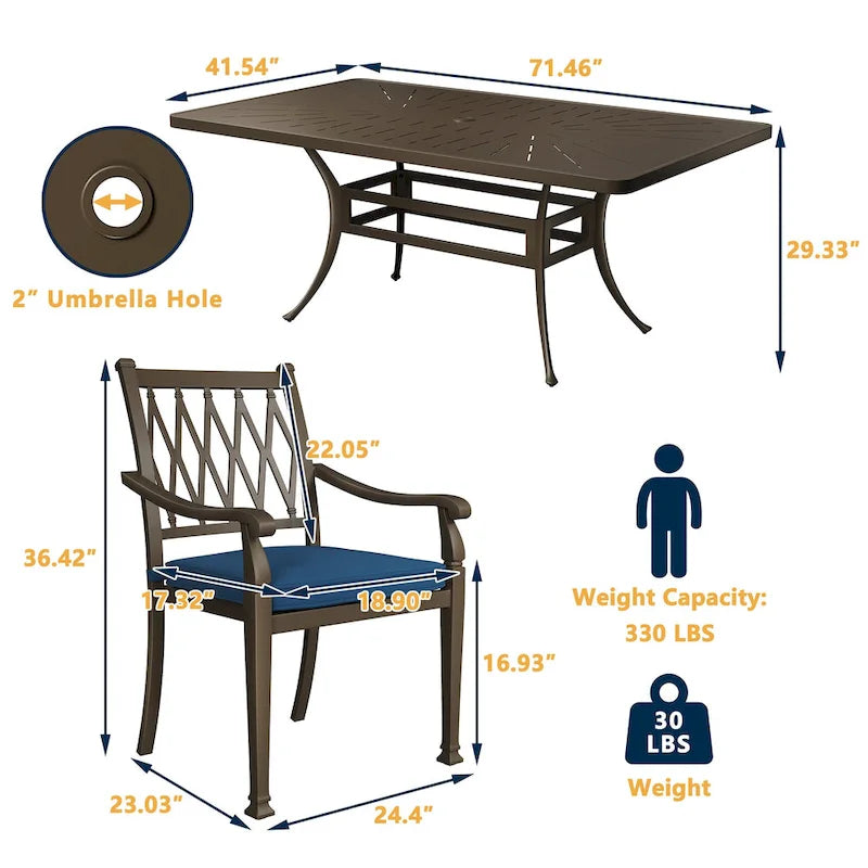 Ensemble de salle à manger de patio en aluminium moulé 9 pièces avec coussins