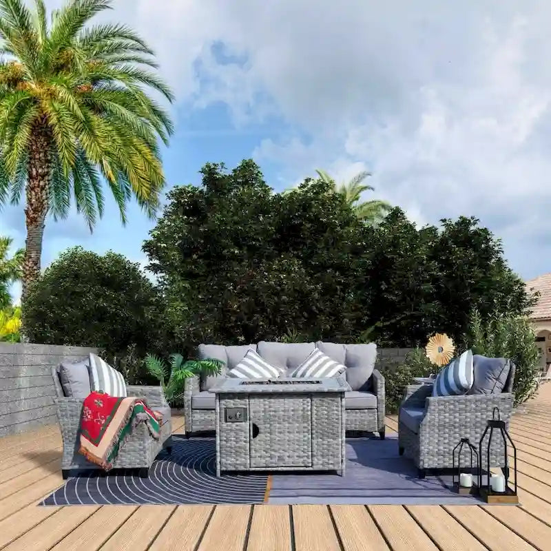 Ensemble de mobilier de jardin en résine tressée 5 pièces Abrihome avec foyer au gaz