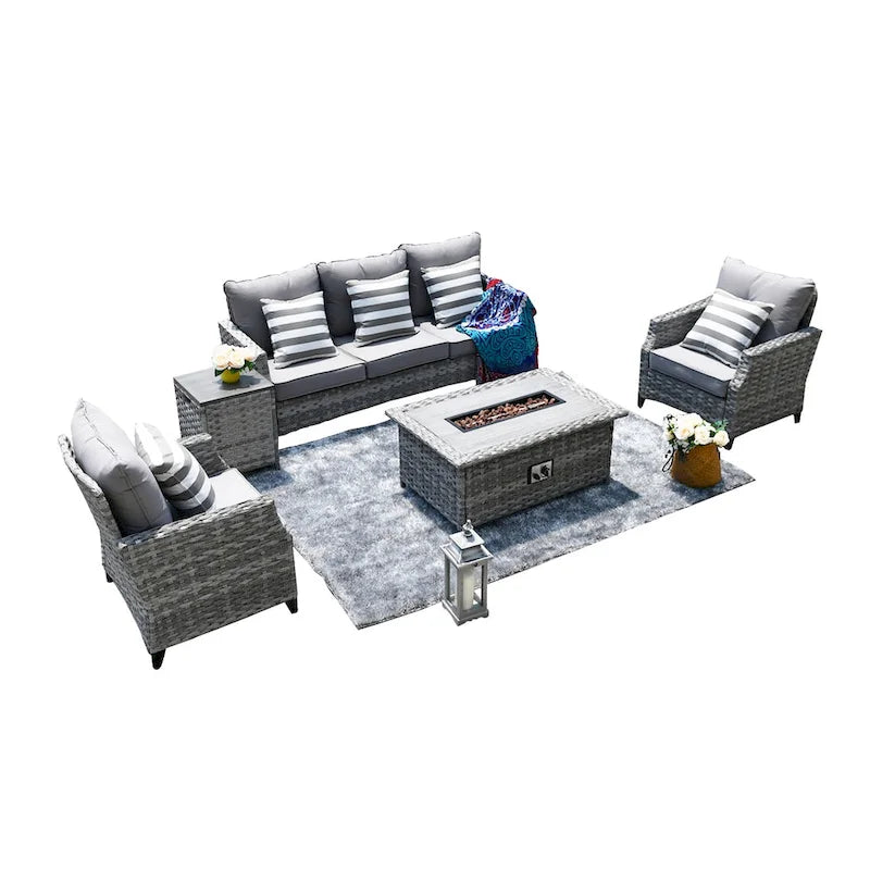 Ensemble de mobilier de jardin en résine tressée 5 pièces Abrihome avec foyer au gaz