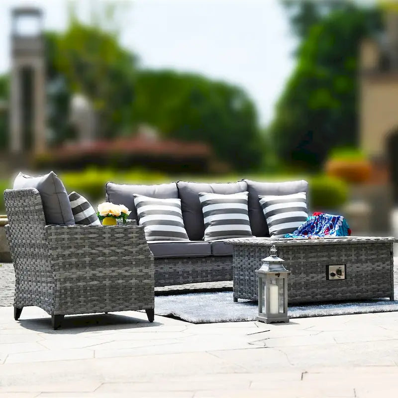 Ensemble de mobilier de jardin en résine tressée 5 pièces Abrihome avec foyer au gaz