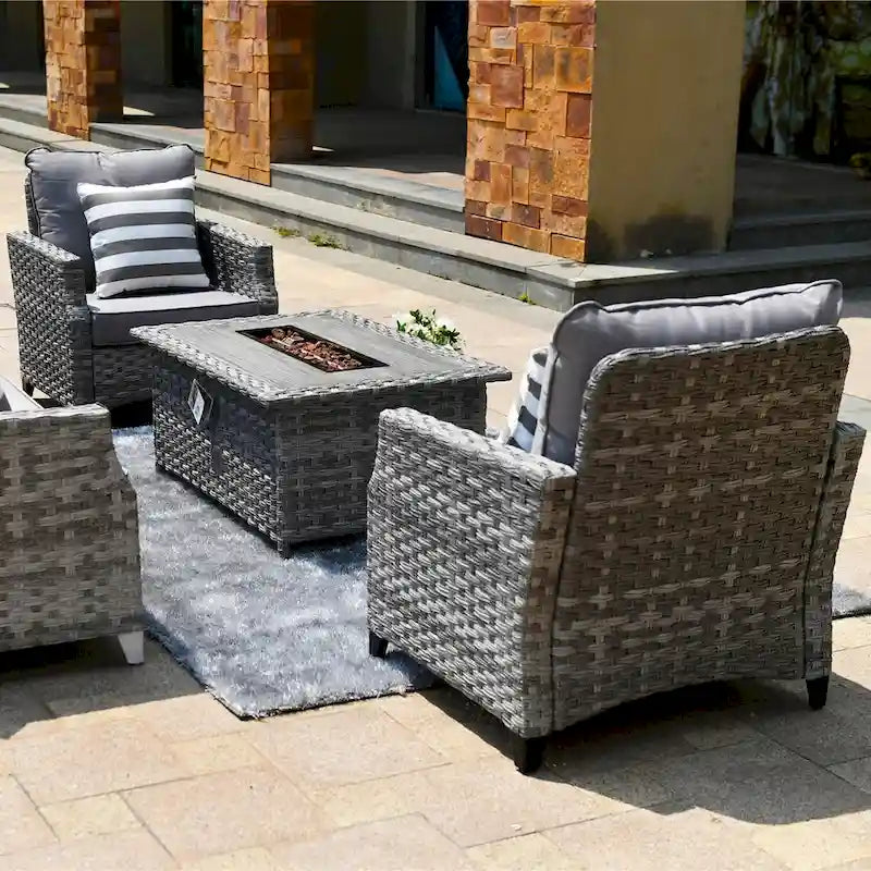 Ensemble de mobilier de jardin en résine tressée 5 pièces Abrihome avec foyer au gaz