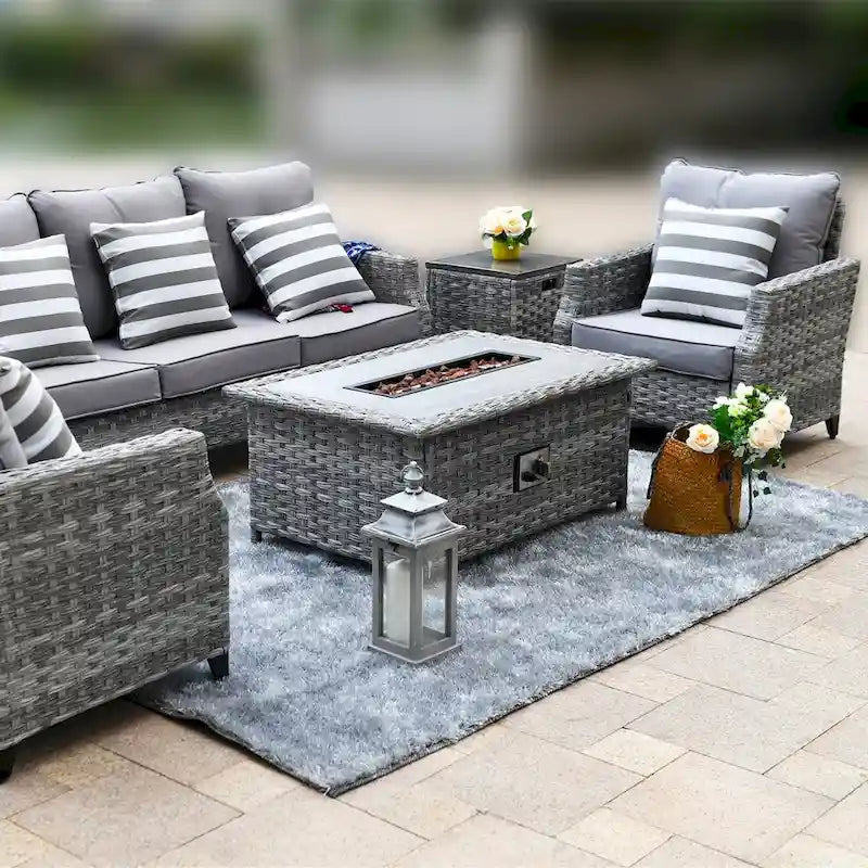 Ensemble de mobilier de jardin en résine tressée 5 pièces Abrihome avec foyer au gaz