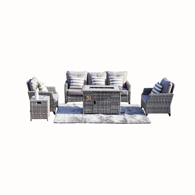 Ensemble de mobilier de jardin en résine tressée 5 pièces Abrihome avec foyer au gaz