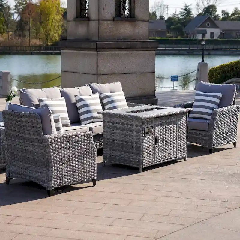 Ensemble de mobilier de jardin en résine tressée 5 pièces Abrihome avec foyer au gaz