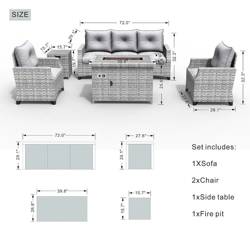 Ensemble de mobilier de jardin en résine tressée 5 pièces Abrihome avec foyer au gaz