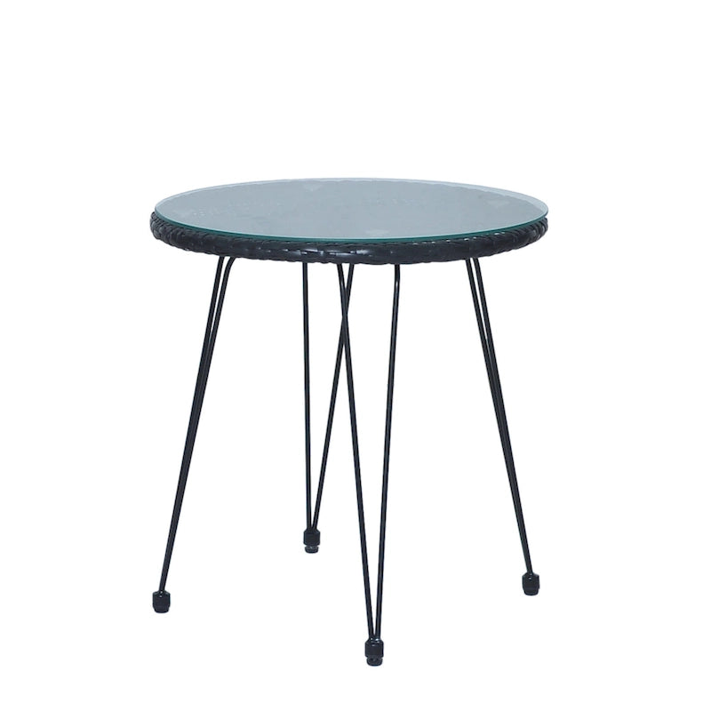 Ensemble bistro d'extérieur 3 pièces en rotin tressé avec coussins et table.
