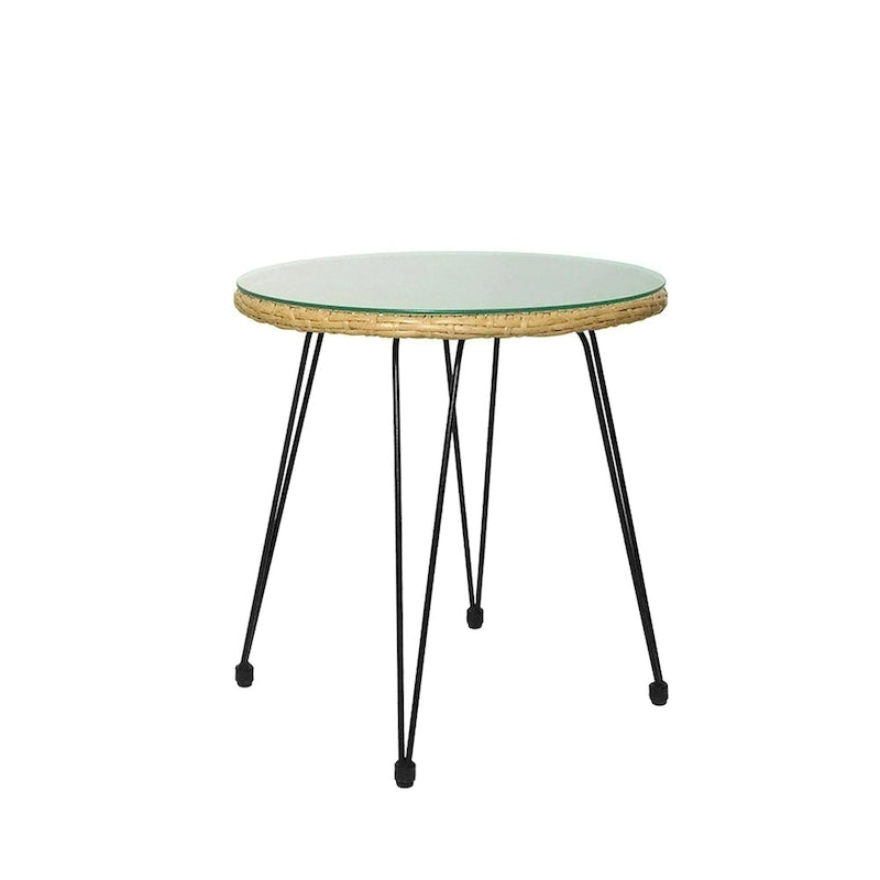 Ensemble bistro d'extérieur 3 pièces en rotin tressé avec coussins et table.