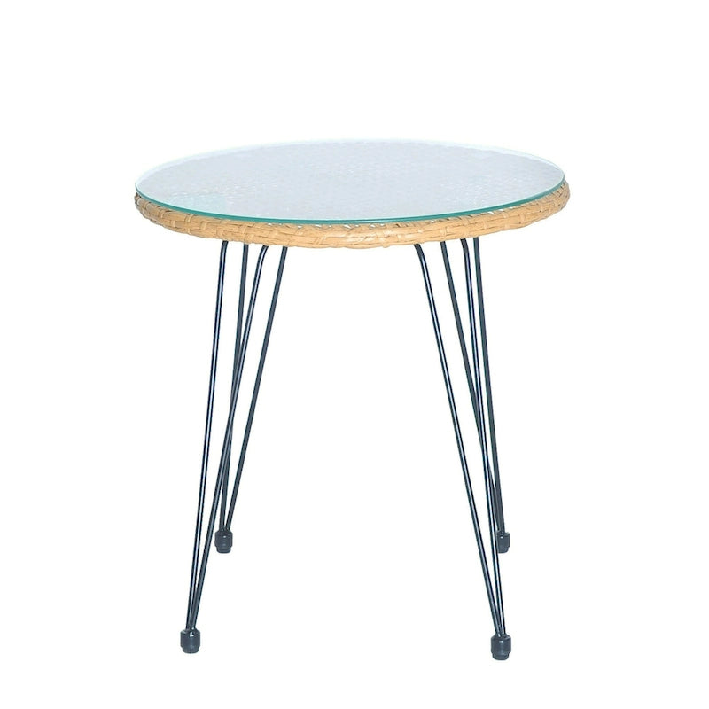 Ensemble bistro d'extérieur 3 pièces en rotin tressé avec coussins et table.