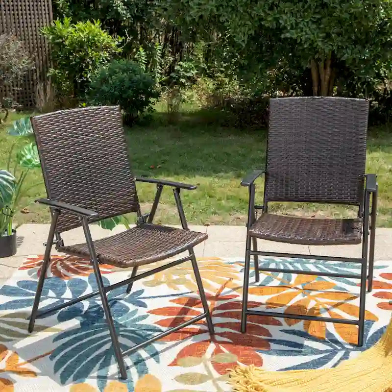 Outdoor Wicker Patio Folding Dining Chairs Set of 2, Adjustable Patio Rattan Recliner Wicker Chairs with High Backrest