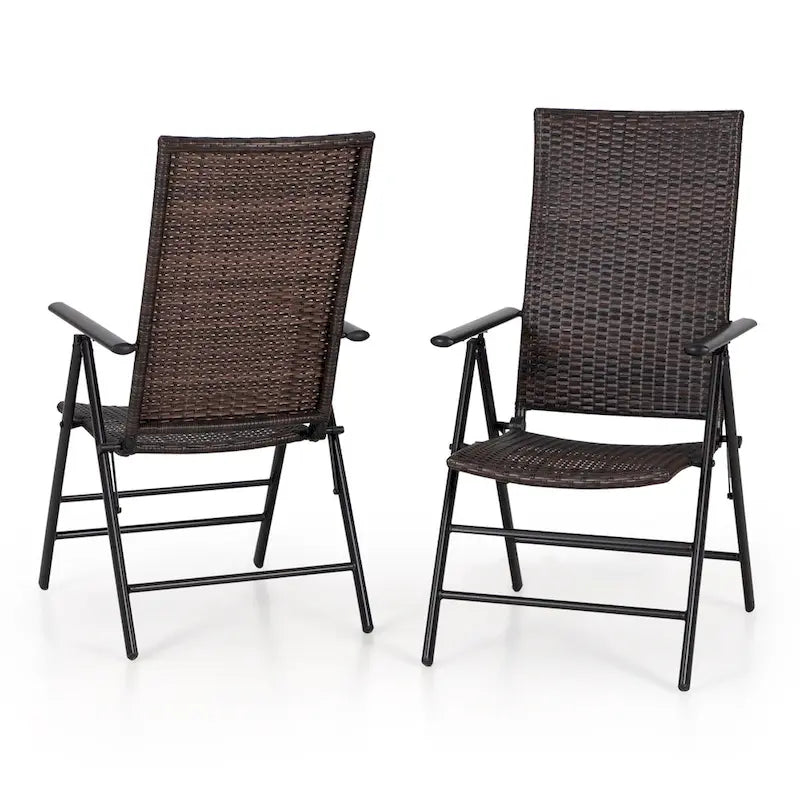 Ensemble de 2 chaises de jardin pliantes en résine tressée, inclinables et réglables, avec dossier haut.