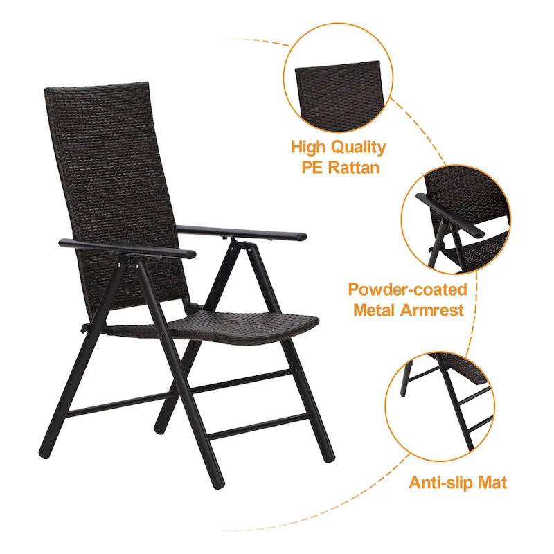 Ensemble de 2 chaises de jardin pliantes en résine tressée, inclinables et réglables, avec dossier haut.